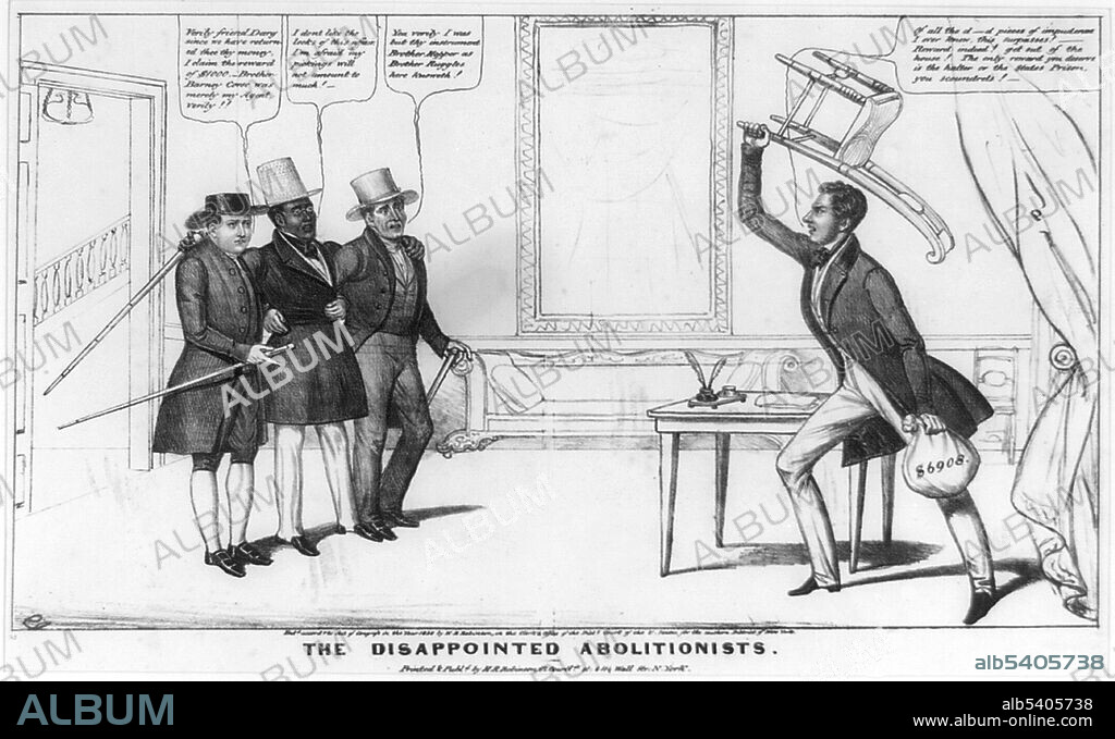 David Ruggles (1810-1849) was an African-American abolitionist in New York who helped fugitive slaves,  including Frederick Douglass, reach free states. He was a printer and journalist in New York City in the 1830s and opened the first Black-owned bookstore in the United States. This print is titled The Disappointed Abolitionists. Lithograph by Edward Williams Clay (1799-1857), circa 1838.  David Ruggles can be seen on the left.