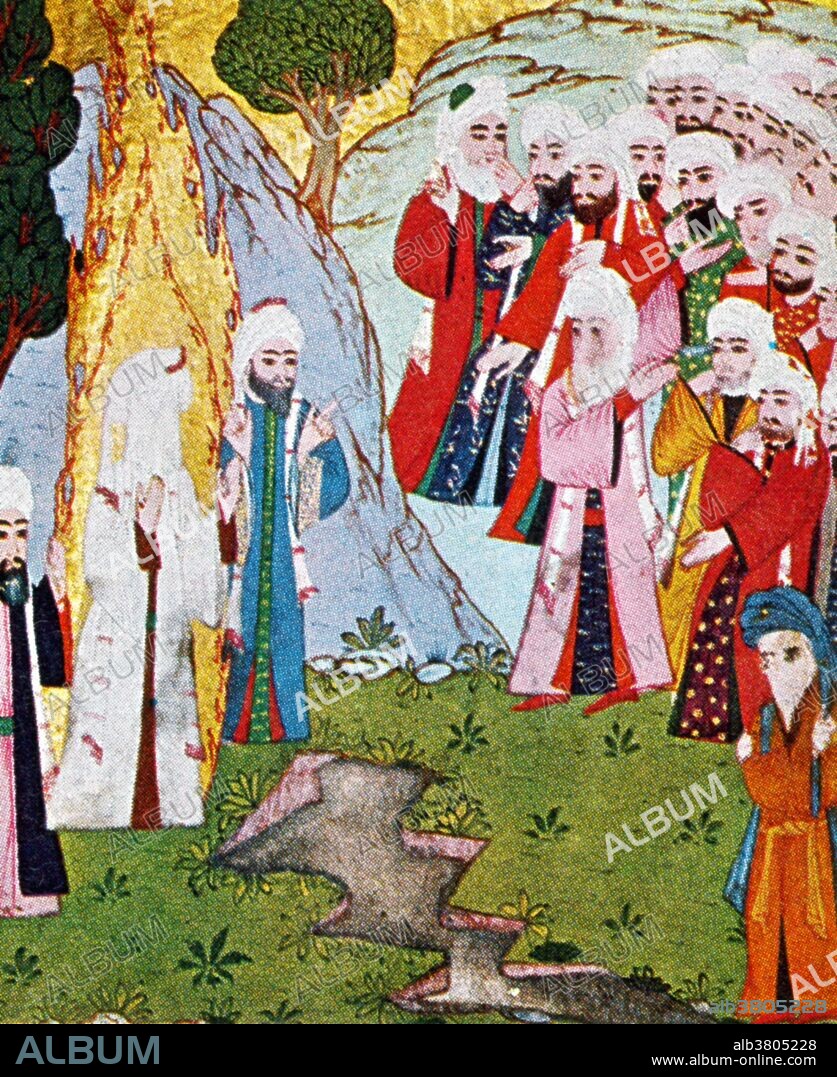 A Persian miniature taken from the Siyer-i Nebi is a Turkish epic about the life of Muhammad, completed around 1388. The Ottoman ruler Murad III commissioned a lavish illustrated copy of the work. The calligrapher Lutfi Abdullah completed the work in 1595. The Prophet Muhammad is always shown veiled. The illustration is captioned: "When Muhammad brought forth a spring in Mecca, however, the people declared he was an evil sorcerer, not a prophet, some in fact, led by the wicked Abu Jahl (blue turban), plotted his death".