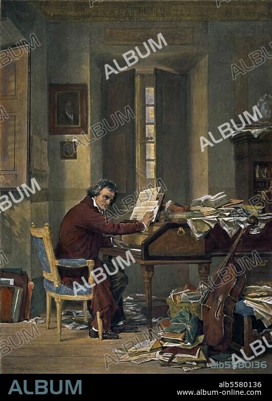 CARL BERNHARD SCHLOESSER. Beethoven, Ludwig van, 1770-1827, German composer. Beethoven composing. Phototype, coloured, after painting, c.1890, by Carl Schloesser (1832-1914).