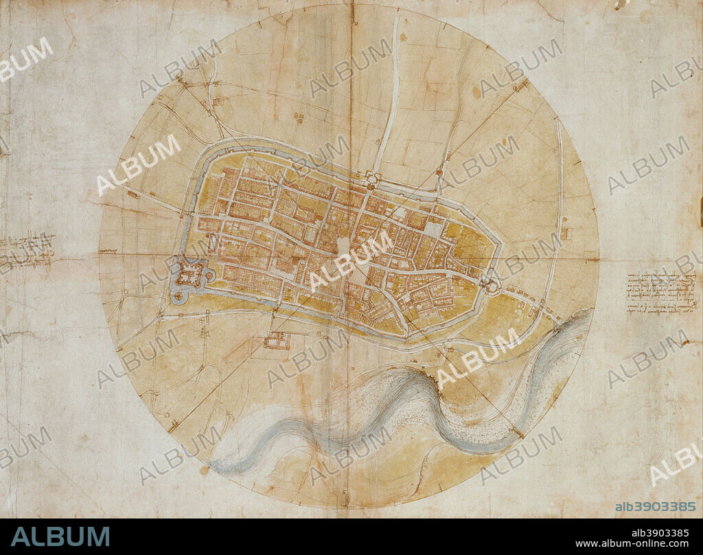 LEONARDO DA VINCI. Plan of Imola. Date/Period: 1502. Drawing. Pen and ink, with coloured washes, and stylus lines, over black chalk on paper. Height: 440 mm (17.32 in); Width: 602 mm (23.70 in).