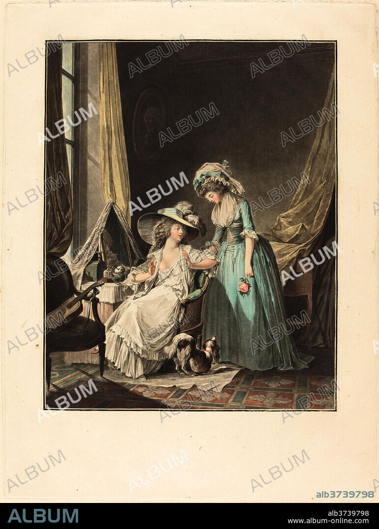 JEAN-FRANçOIS JANINET AFTER NICOLAS LAVREINCE. L'aveu difficile (The Difficult Confession). Dated: 1787. Dimensions: image: 36.3 x 28.6 cm (14 5/16 x 11 1/4 in.)  plate: 48.7 x 36.3 cm (19 3/16 x 14 5/16 in.). Medium: etching and wash manner, printed in blue, red, carmine, yellow, and black inks.