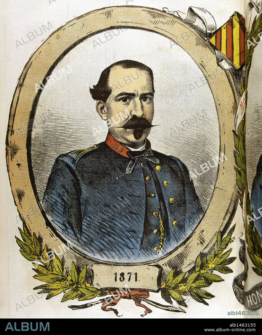 JOSE CABRINETTY CLADERA (1822-1873). Militar español. Participó en la Tercera Guerra Carlista. Murió en combate al ser cercada y derrotada su columna en Alpens (provincia de Barcelona) por el jefe carlista Savalls. S. XIX. Ilustración de la revista 'La Flaca' (año 1871) .