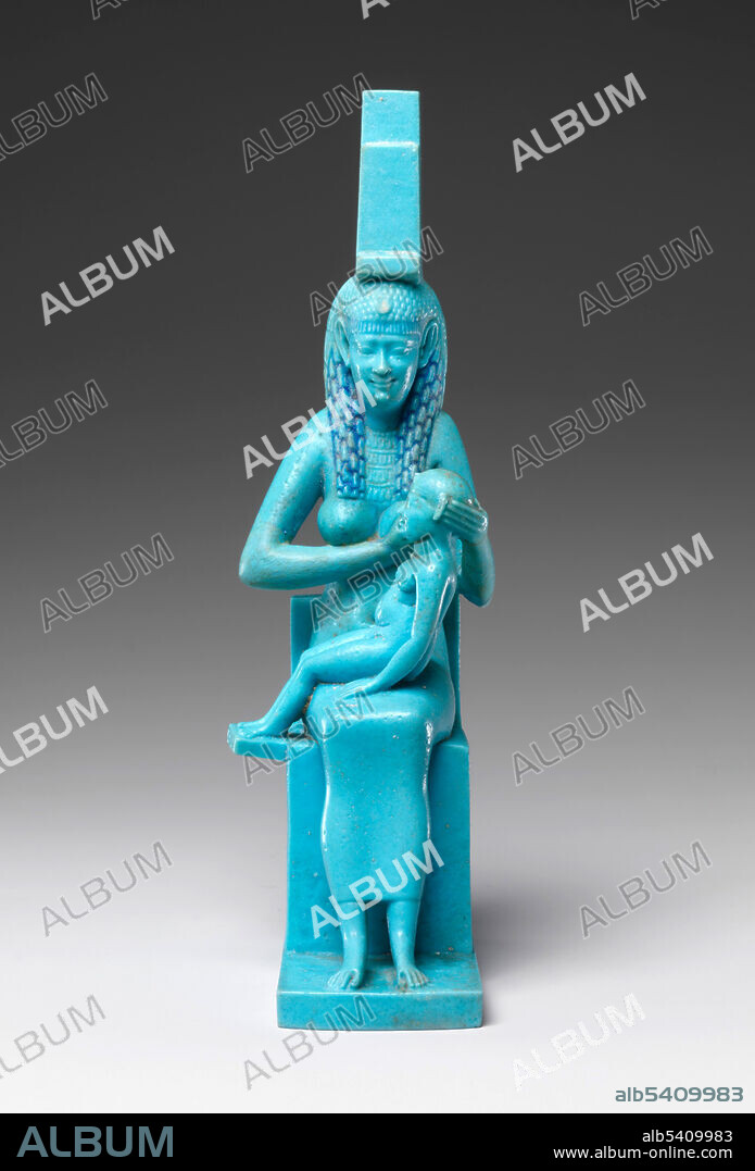 Faience statuette of Isis and Horus. For the ancient Egyptians the image of the goddess Isis nursing her son Horus was a powerful symbol of rebirth. On the goddess's head is the throne hieroglyph that represents her name. She also wears a vulture head-covering reserved for queens and goddesses. Following ancient conventions for indicating childhood, Horus is naked and wears a single lock of hair on the right side of his head. Ptolemaic Period, 332–30 B.C., Egypt.