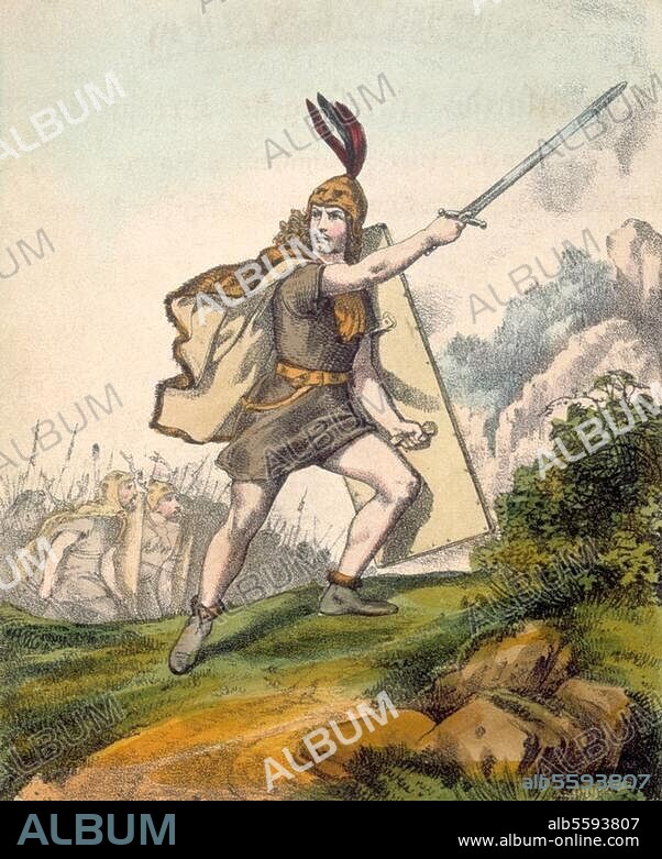 Armin, Cheruskerfürst, gen."Hermann der Cherusker". 16 v. Chr. 21 n. Chr.- "Hermann führt die Deutschen gegen die Römer" (9 n. Chr). Kreidelithographie, koloriert, 1840, von Theodor Hosemann (1807-1875). Aus: E. Maukisch. Germania, Deutschlands wichtigste Ereignisse (...) für die Jugend. 3. Aufl., Berlin (Winckelmann&Söhne),1845. Berlin, Sammlung Archiv für Kunst und Geschichte.