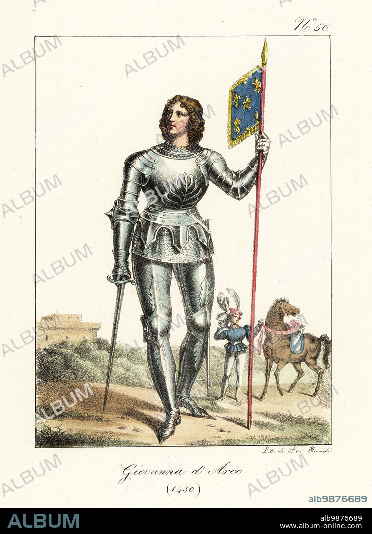 Joan of Arc, c. 1412-1431, French heroine during the Hundred Years' War. In suit of plate armour, with sword and royal standard with fleurs-de-lys. With page holding her horse. Jeanne d'Arc, 1430. Handcoloured lithograph by Lorenzo Bianchi after Hippolyte Lecomte from Costumi civili e militari della monarchia francese dal 1200 al 1820, Naples, 1825. Italian edition of Lecomtes Civilian and military costumes of the French monarchy from 1200 to 1820.