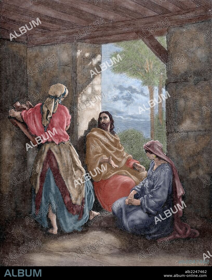 NUEVO TESTAMENTO. JESUS. "JESUS EN CASA DE MARTA Y MARIA". Dibujo de G. Doré. Grabado de Pannemaker. Evangelio de San Lucas, Capítulo X. Versículos 38-42. Coloreado.