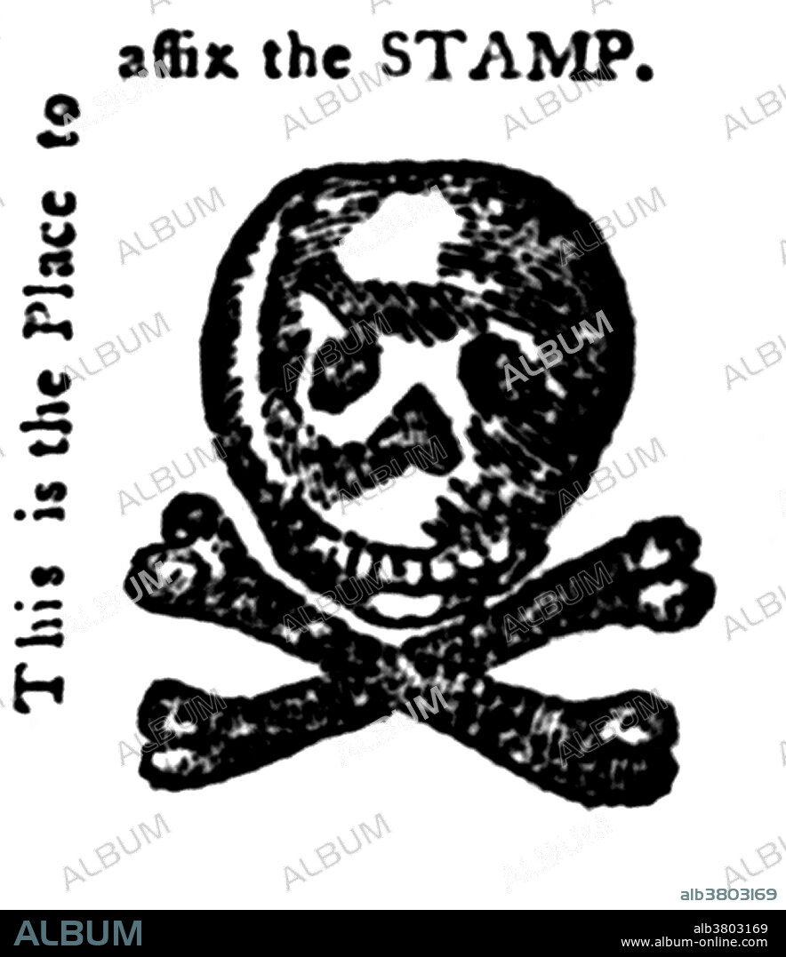 Print shows a skull and crossbones representation of the official stamp required by the Stamp Act of 1765. Entitled: This is the place to affix the stamp. The Stamp Act of 1765 was a direct tax imposed by the British Parliament on the colonies of British America. The first direct tax to be levied on the American colonies, it required that all newspapers, pamphlets, legal documents, commercial bills, advertisements, and other papers issued in the colonies bear a stamp. The American colonies were furious and refused to pay for the tax that the British put on them. The Americans in all 13 colonies protested strongly and the British retreated part way, but insisted on the right of Parliament to tax the colonies. The Americans rejected that as unconstitutional, declaring "No Taxation without Representation", and it was a major grievance that led to the American Revolution. The Act was repealed on March 18, 1766 as a matter of expedience, but Parliament affirmed its power to legislate for the colonies "in all cases whatsoever" by also passing the Declaratory Act. There followed a series of new taxes and regulations, likewise opposed by the colonists.