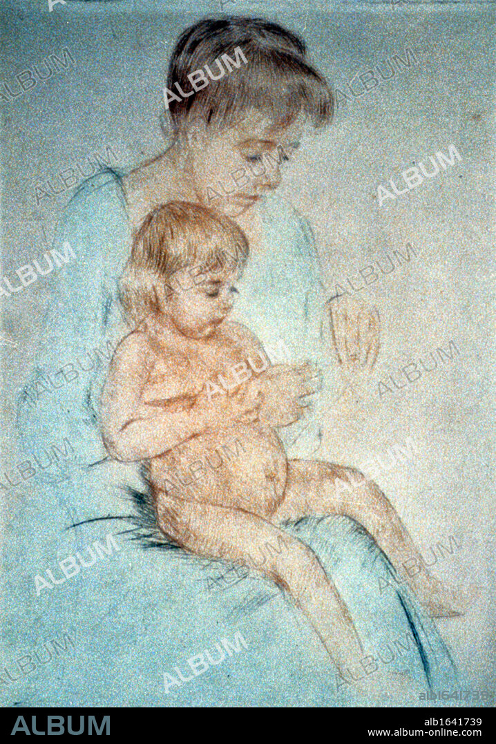 Woman holding small nude child on lap while manicuring her fingernails, c1904. Pastel. Mary Cassatt (1844-1926) American painter and printmaker who from 1866 lived mainly in France. Domestic Mother Child.