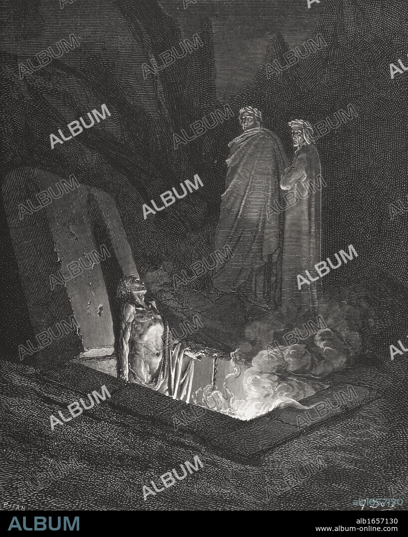 Engraving by Gustave Dore 1832-1883 French artist and illustrator for Inferno by Dante Alighieri Canto X lines 40 to 42.