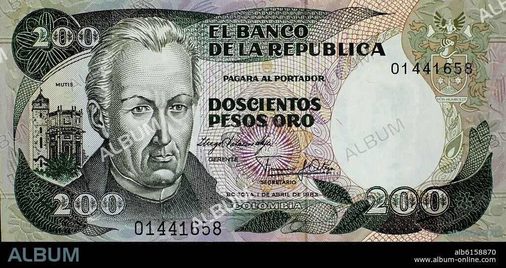 BILLETE COLOMBIANO DE 200 PESOS DEDICADO A CELESTINO MUTIS.