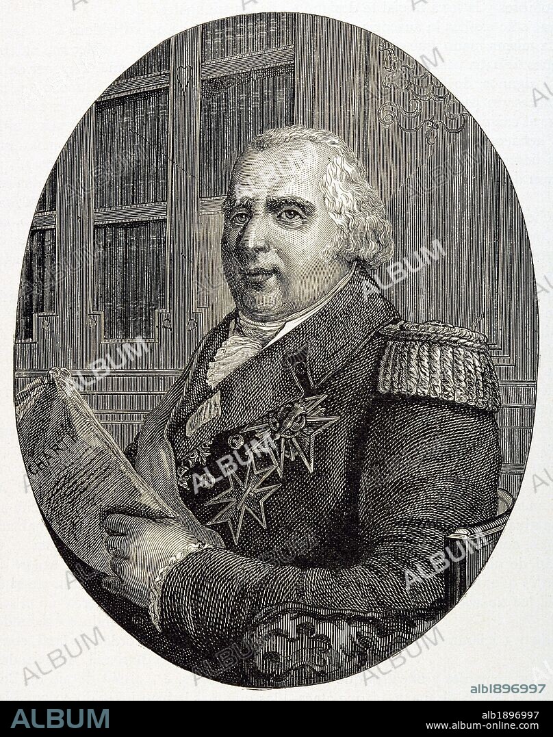 LUIS XVIII (Versalles, 1755-París, 1824). Rey de Francia de 1814-15 y 1815-24. Hermano de Luis XVI. Subió al trono tras la caida de Napoleón. Huyó a Bélgica durante los Cien Días e intervino en la guerra de España en favor de Fernando VII, enviando un cuerpo del ejército al mando del duque de Angulema. Grabado.