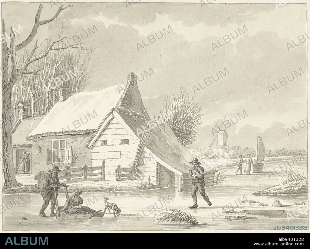 Sled and Water strider on a frozen canal near a house, in the distance a windmill, Sled and Water strider on a frozen canal, draughtsman: G.A. de Wildt, 1833, paper, pen, brush, h 206 mm × w 279 mm.