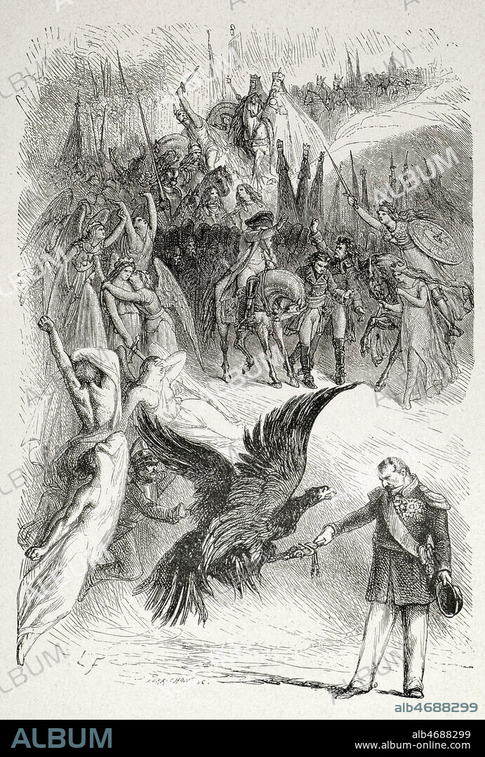 L'epee rendue. (NAPOLEON III rendant son epee a l'aigle imperial devant tous les heros de l'Histoire de France). Illustration de 1872 par Leopold FLAMENG (1831-1911) pour Aout 1870 Sedan dans L'Annee terrible de Victor HUGO (1802-1885). Credit : Collection KHARBINE-TAPABOR.