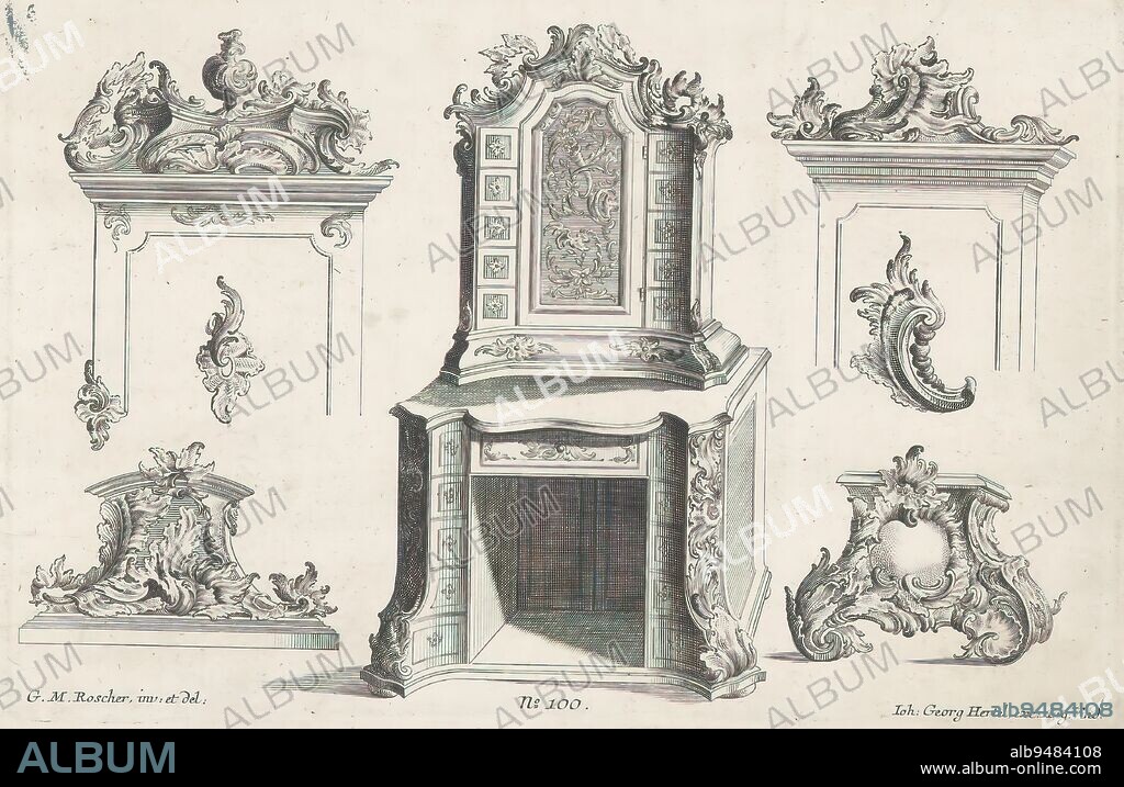 Cabinet and frames, Cabinets and small furniture (series title), In the center a cabinet with drawers and rocaille ornaments. To the left and right rocaille ornaments and details of ornamented crowns of mirror frames. Publisher's number 100., print maker: anonymous, after design by: Georg Michel Roscher, (mentioned on object), publisher: Johann Georg Hertel (I), (mentioned on object), Augsburg, 1705 - 1775, paper, etching, engraving, height 198 mm × width 300 mm.