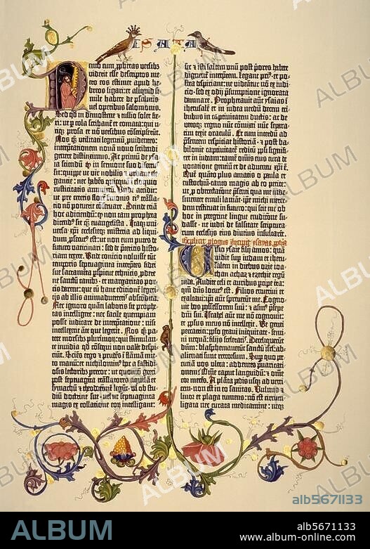 Gutenberg, Johannes, c.1397 - 1468, German blacksmith, goldsmith, printer, and publisher and. inventor of mechanical movable type printing. Initial "N" (Nemo cum prophetas), Introduction to Isaiah, and initial "U" (Visio ysaie), Isiah, chapter 1. From: 42-lined Latin bible ("Guenberg Bible") in Missal script, two columned; finished c.1455 in Mainz. Type printing and illumination. Berlin, Staatsbibliothek Preußischer Kulturbesitz.