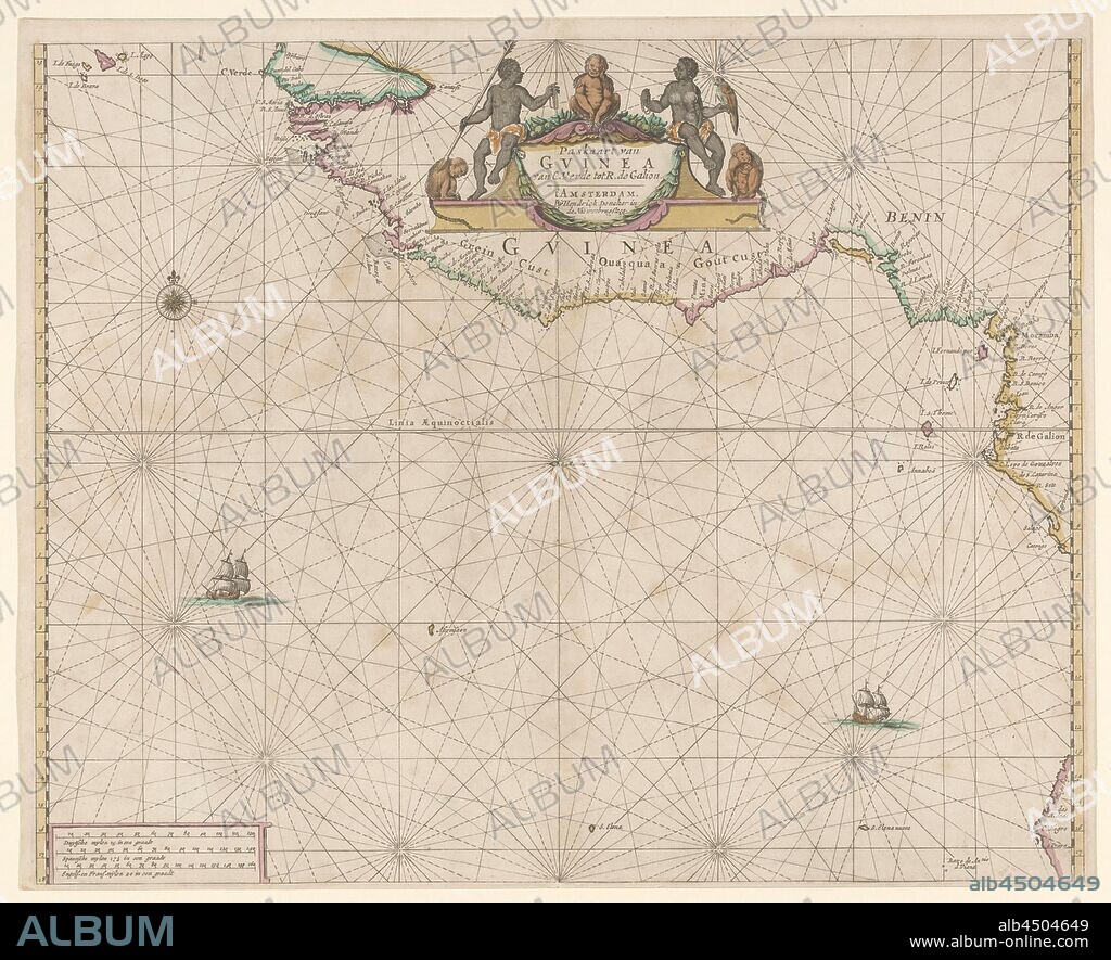 Passport map of the African Gold Coast Passport map of Gvinea from C. Verde to R. de Galion (title on object), Nautical map of the African Gold Coast, the coast of The Gambia to Angola, designated Guinea. Top center cartouche with title with two Africans and three monkeys. Bottom left the three scales in cartouche, maps or separate countries or regions, Africans, Africa, Gold Coast, Guinea, Hendrick Doncker (I) (mentioned on object), 1659, paper, paint (coating), engraving, h 445 mm × w 550 mm.