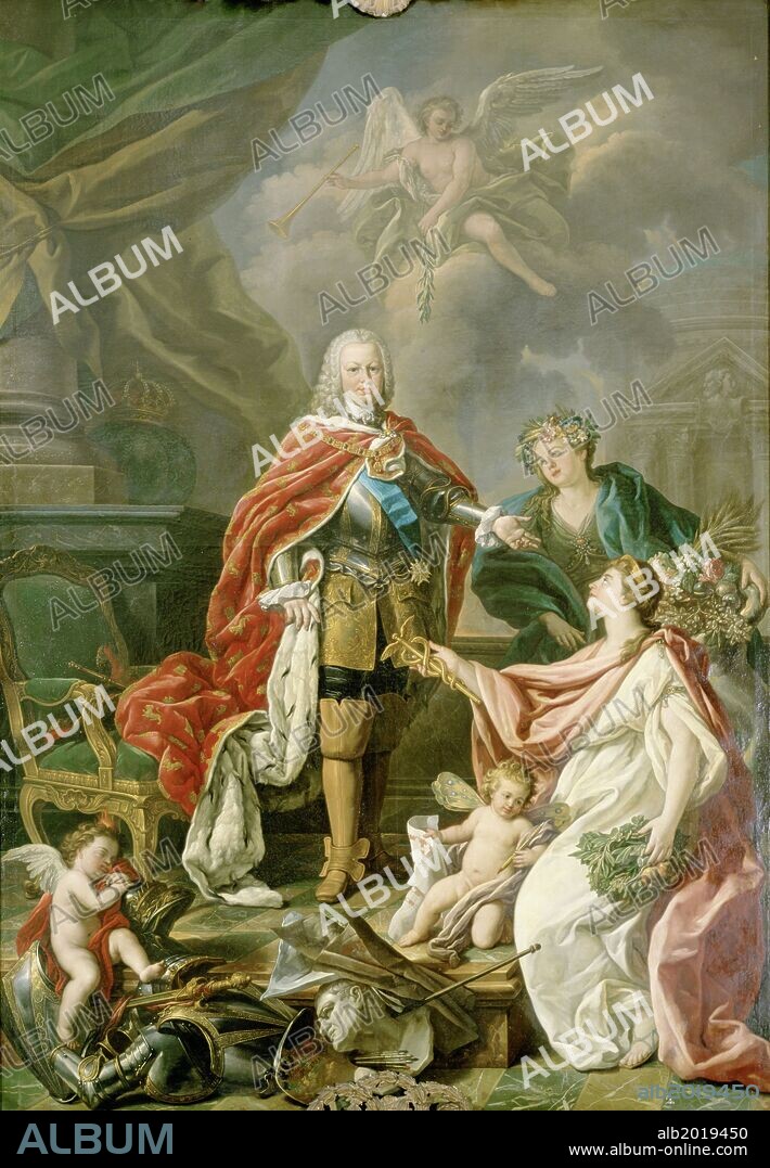 ANTONIO GONZÁLEZ RUIZ. Antonio González Ruiz / 'Fernando VI como protector de las artes y las ciencias', 1754, Óleo sobre lienzo, 315 x 225 cm.