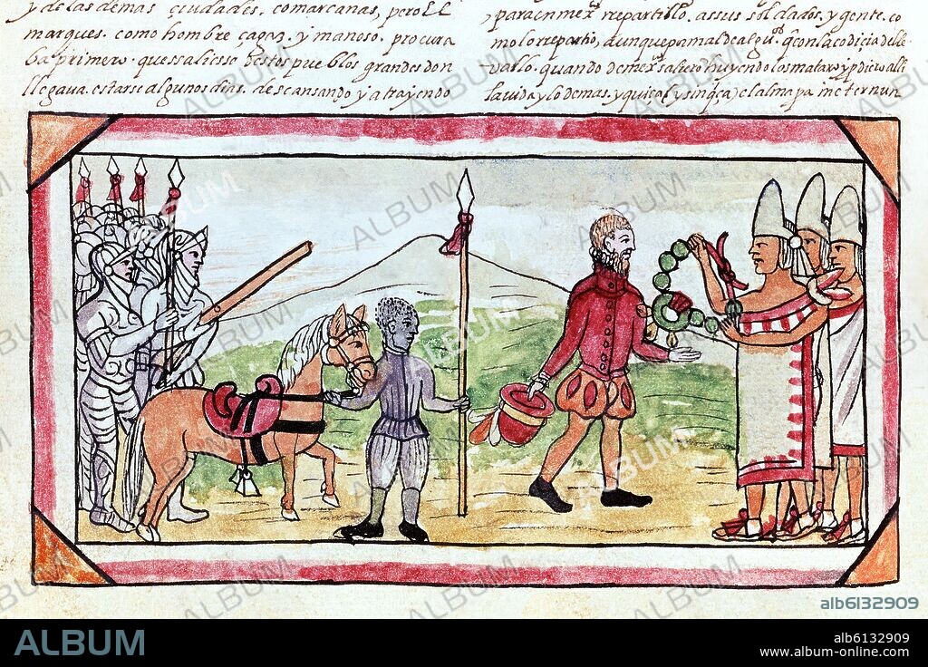 DIEGO DURAN. Aubin codex: Hernan Cortés meets an Indien chief on his way to Tlaxcala. 1565. Madrid, National Library.