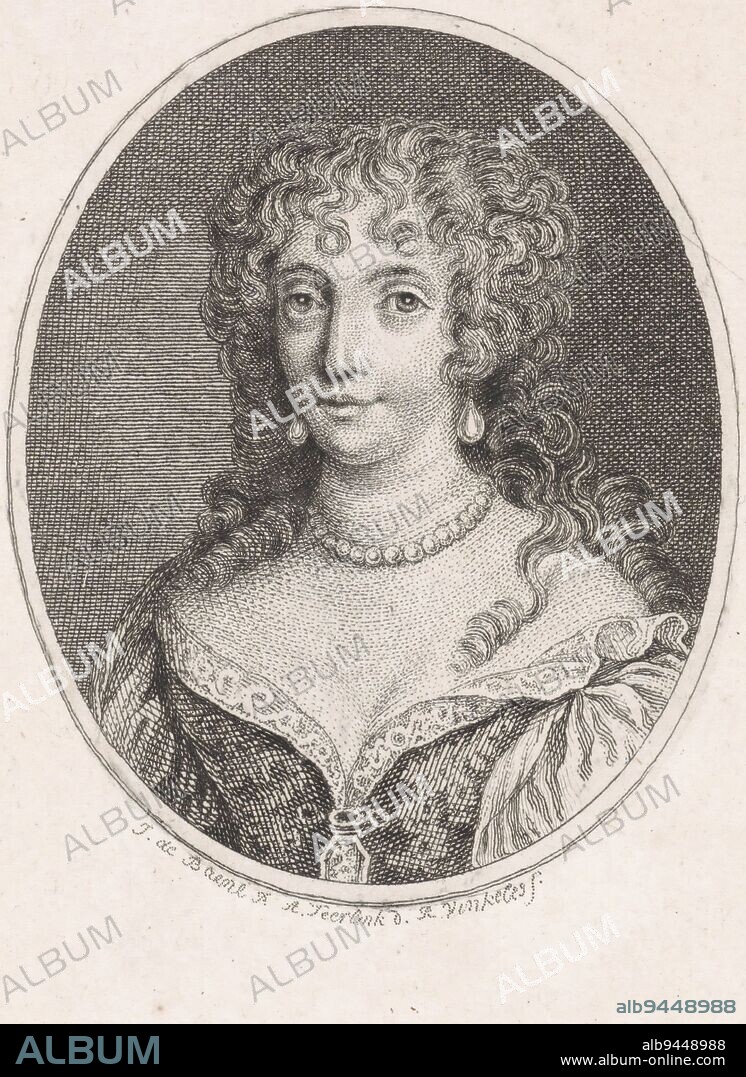 Bust of a young woman in an oval This is Anna de Witt, daughter of Johan de Witt, Portrait of Anna de Witt, print maker: Reinier Vinkeles (I), (mentioned on object), intermediary draughtsman: Abraham Teerlink, (mentioned on object), after: Jan de Baen, (mentioned on object), Amsterdam, 1751 - 1816, paper, etching, engraving, h 245 mm - w 162 mm.