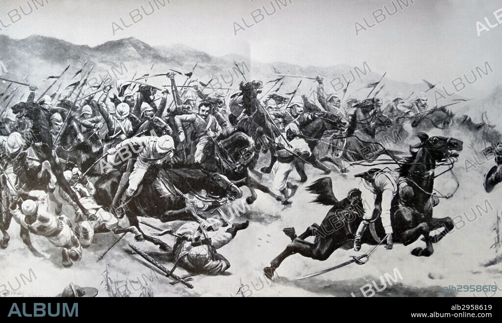 Battle of Omdurman, in the Sudan on 2nd September 1898. Major-General Kitchener destroyed a 52,000 strong army of Muslim fanatics. The 21st Lancers charge at Omdurman.