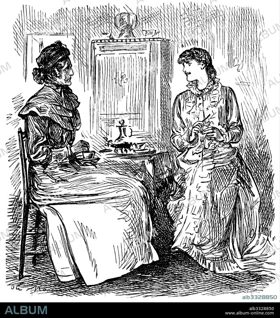 Illustration depicting a grandmother and grand daughter sharing some tea. Dated 19th Century.
