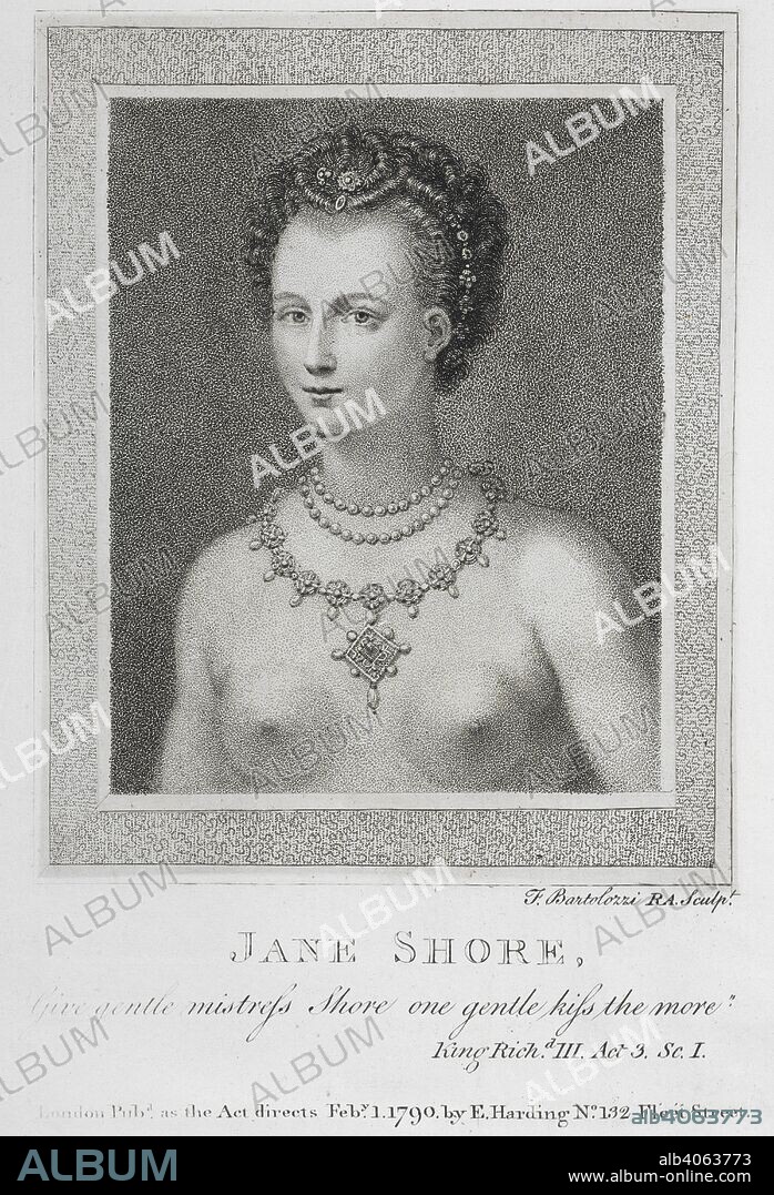 Portrait of Jane Shore, for 'Richard III'. This is possibly a portrait of the actress Elizabeth Hartley (1751-1824). She appeared at Covent Garden,on 5 Oct. 1772, as Jane Shore. . Shakespeare illustrated by an assemblage of portraits and views, appropriated to the whole suite of our author's historical dramas; to which are added, portraits of actors, editors, &c. London : S. & E. Harding, 1793. Source: 831.l.6. plate 80.