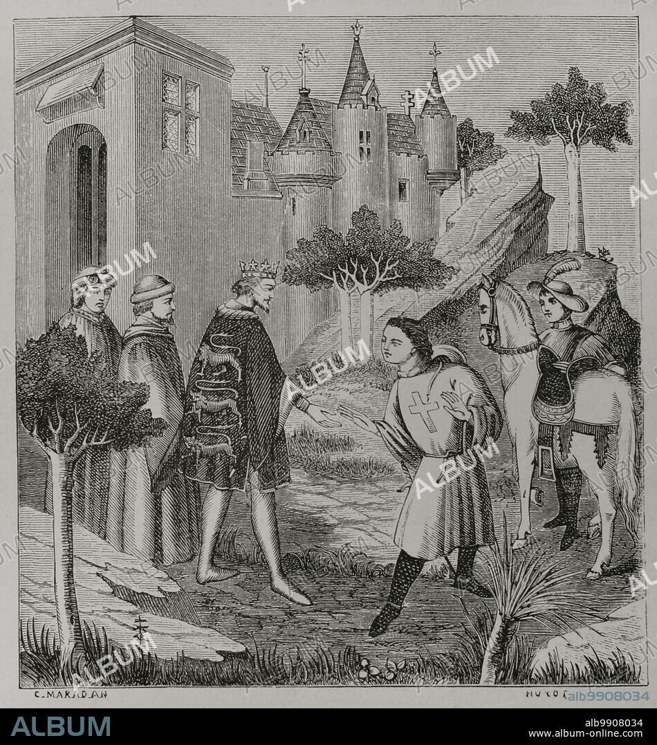 Jehan de Mandeville (Juan de Mandeville), célebre personaje de ficción del libro titulado "The Travels of Sir John Mandeville" (Viajes de Juan de Mandeville), escrito entre 1357 y 1371. Se trata de un caballero inglés que viajó durante treinta y cuatro años por el mundo, relatando todo cuanto sucedió. Jehan de Mandeville se despide del rey Eduardo III (1312-1377) antes de su partida hacia "más allá de los mares". Dibujo por C. Maradan y grabado por Huyot a partir de una miniatura del siglo XV. Sciences & Lettres au Moyen Age et à l'époque de la Renaissance. París, 1877.