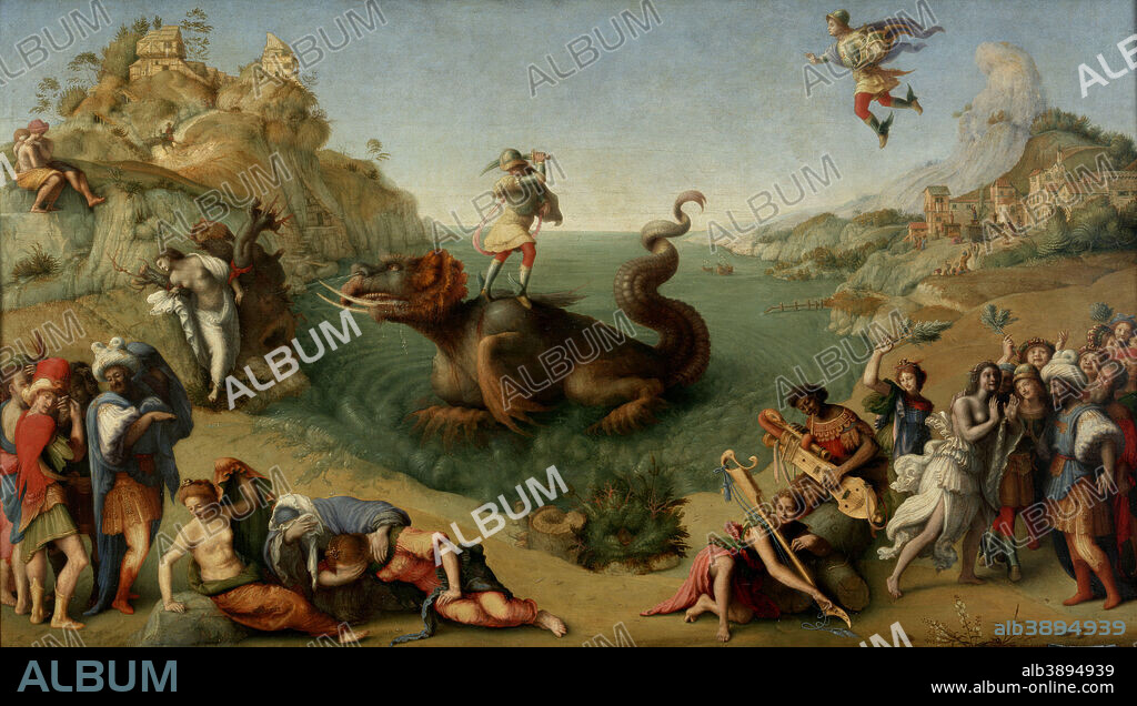 PIERO DI COSIMO. Andromeda liberata da Perseo / Andromeda freed by Perseus. Date/Period: 1510 - ca. 1515. Painting. Oil on panel. Height: 70 cm (27.5 in); Width: 123 cm (48.4 in).