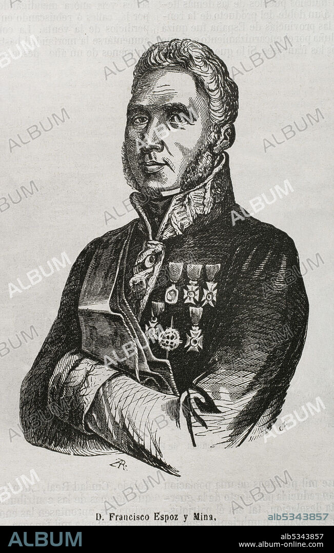 Francisco Espoz y Mina (1781-1836). Militar español. Jefe de las partidas de Navarra durante la guerra de la Independencia Española. Combatió en el bando isabelino en la la Primera Guerra Carlista (1833-1840), siendo el máximo responsable de la lucha en el norte de España contra los carlistas. Retrato. Grabado. Historia General de España por el Padre Mariana. Madrid, 1853.