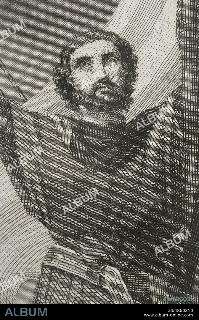 Roger I de Lauria (o de Loria) (1245-1305). Marino y militar italiano al servicio de la Corona de Aragón. Retrato. Ilustración por Cava. Grabado por A. Roca. Historia de Cataluña y de la Corona de Aragón, por Victor Balaguer. Barcelona,1861.