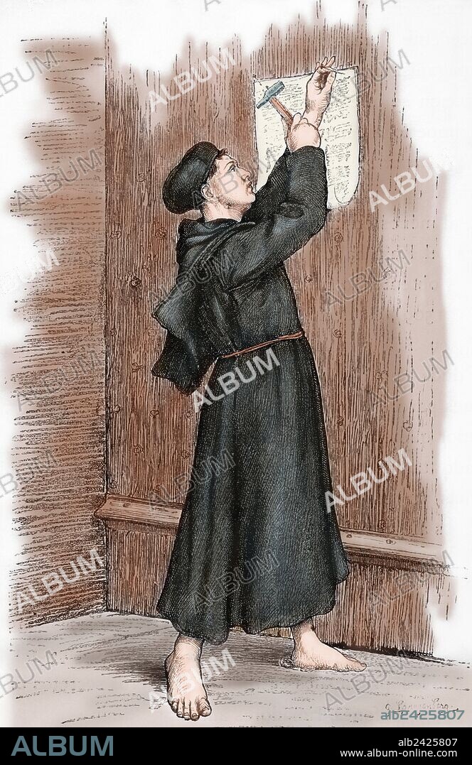 LUTERO, Martin Luther, llamado (Eisleben, 1483-Eisleben, 1546). Reformador alemán. Doctor en Teología y sacerdote agustino. En 1517 expuso las tesis principales del luteranismo en Wittenberg. Fué excomulgado en 1520. "LUTERO EXPONE AL PUBLICO SUS TESIS, COLGANDOLAS EN LA PUERTA DE LA CAPILLA DEL CASTILLO DE WITTEMBERG" (1517). Grabado de Spangerberg (año 1882). Coloreado.