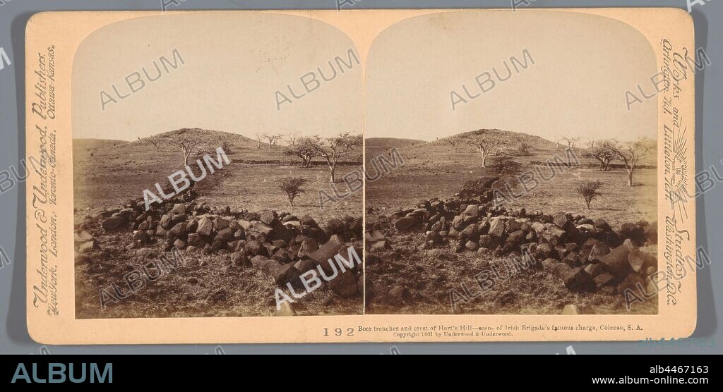 Trench at Colenso from the Second Boer War in South Africa, Boer trenches and crest of Hart's Hill - scene of Irish Brigade's famous charge, Colenso, SA (title on object), trenches, (high) hill South Africa, Underwood and Underwood (mentioned on object), Zuid-Afrika, 1901, photographic paper, cardboard, albumen print, h 88 mm × w 178 mm.