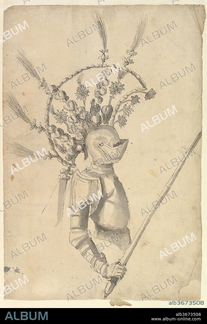 POSSIBLY BY BACCIO DEL BIANCO AND WORKSHOP. Design for an Armor with Tournament Headdress. Artist: Possibly by Baccio del Bianco (Italian, Florence 1604-1656 Escorial) (and workshop). Dimensions: Sheet: 17 x 11 5/16 in. (43.2 x 28.7 cm). Date: ca. 1620-56.
View in three-quarters of a design for an armor (facing the right). The armor itself is relatively simple, but the helmet has been decorated with an elaborate headdress, shaped like a lizard with a very lavish tail made up out of feathers and plumes.