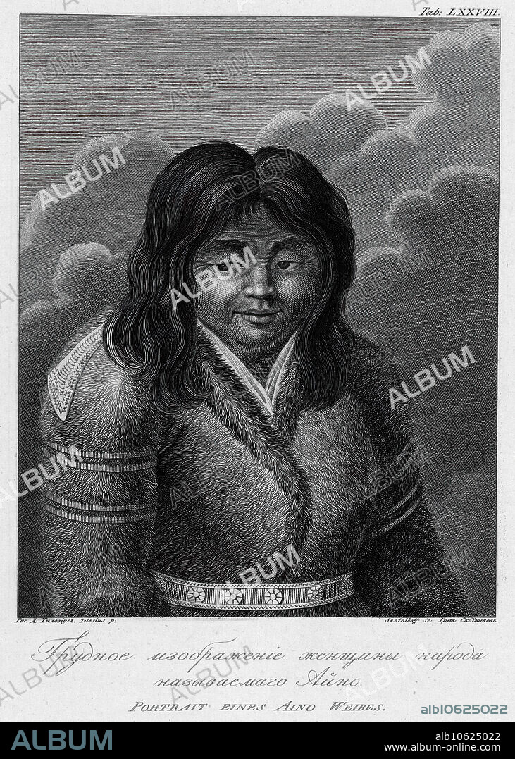 JEGOR SKOTNIKOFF. Illustration of an Ainu Woman, 1813.  In 1803-06, Captain I. F. Kruzenshtern became the first Russian to circumnavigate the globe. This atlas, published by the Russian Academy of Sciences in 1813, includes maps of Kruzenshtern's route and 109 plates based upon the drawings of V. G. Tilesius, a doctor, naturalist, and the official artist of the expedition. It is one of the largest publications of engravings from tsarist Russia. The subjects depicted include views of Sakhalin, Kamchatka, and the Kurile Islands; representations of Siberian natives and other peoples encountered during the voyage; and local fish and birds from throughout the South and North Pacific.