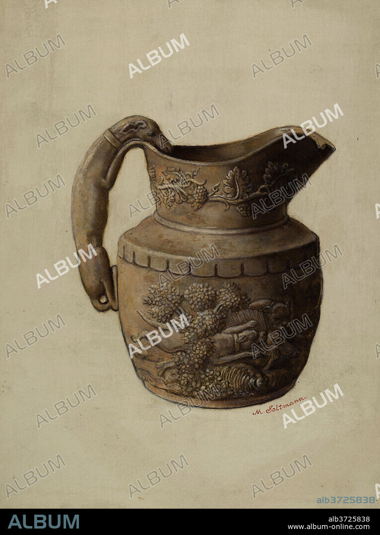 MAX SOLTMANN. Pitcher. Dated: c. 1937. Dimensions: overall: 29.2 x 38.5 cm (11 1/2 x 15 3/16 in.)  Original IAD Object: .202 cm(dia?)192 cm(high?). Medium: oil paint, graphite, pen and ink on paperboard.