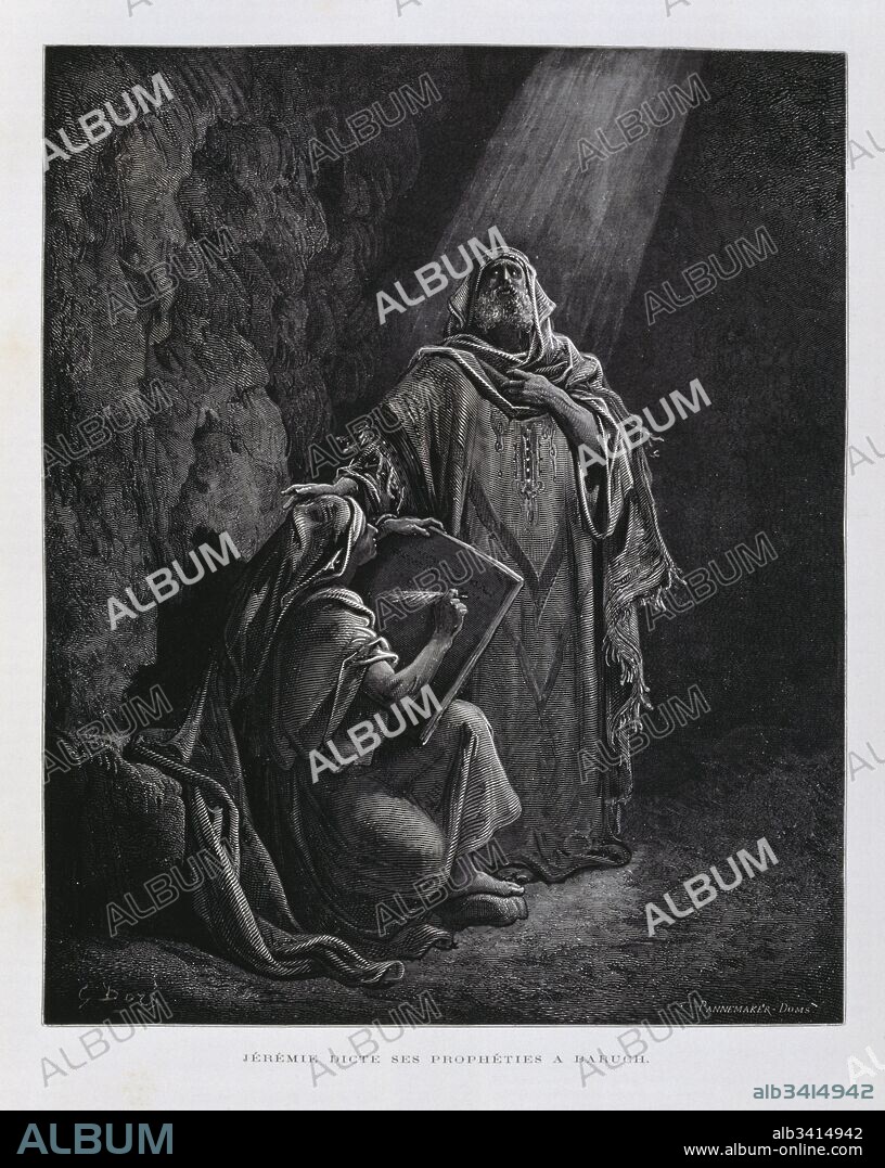 Jeremiah a prophet of the Hebrew Bible (Old Testament), dictates to  Baruch ben Neriah. Engraving by Gustav Dore 1866. According to religious tradition, Jeremiah authored the Book of Jeremiah, the Books of Kings and the Book of Lamentations were under the editorship of Baruch ben Neriah, his scribe and disciple.