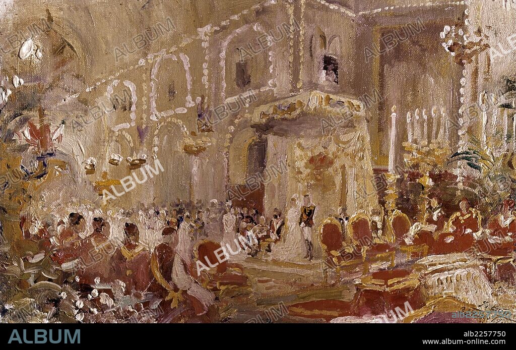 ALFONSO XIII. REY DE ESPAÑA. 1886 - 1941. BODA DE ALFONSO XIII CON VICTORIA EUGENIA. BOCETO DE JUAN COMBA. AÑO 1906.