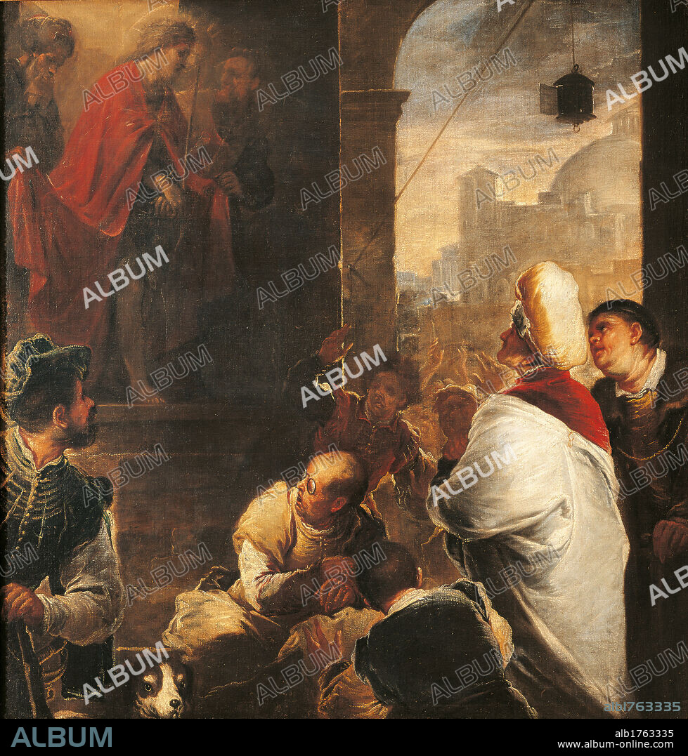 Ecce Homo, by Luca Giordano, 1660 about, 17th Century, oil on canvas, cm 158 x 155. Italy, Lombardy, Milan, Brera art gallery. All. Ecce Homo Jesus Christ flagellated red mantle cloak crown of thorns hirelings onlookers bystanders The Hebrews The Jews The Hebrew Jewish people men women turban lantern. Authorization required for non editorial use.