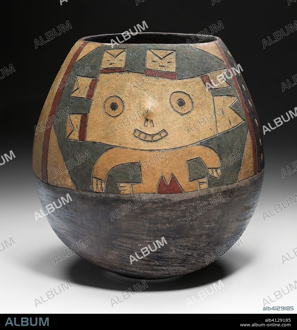 Jar with Anthropomorphic Figure. Paracas; Ocucaje area, Ica Valley, south coast, Peru. Date: 650 BC-150 BC. Dimensions: 29.5 × 28.3 cm (11 5/8 × 11 1/8 in.). Ceramic with resinous postfire paint. Origin: Ocucaje.