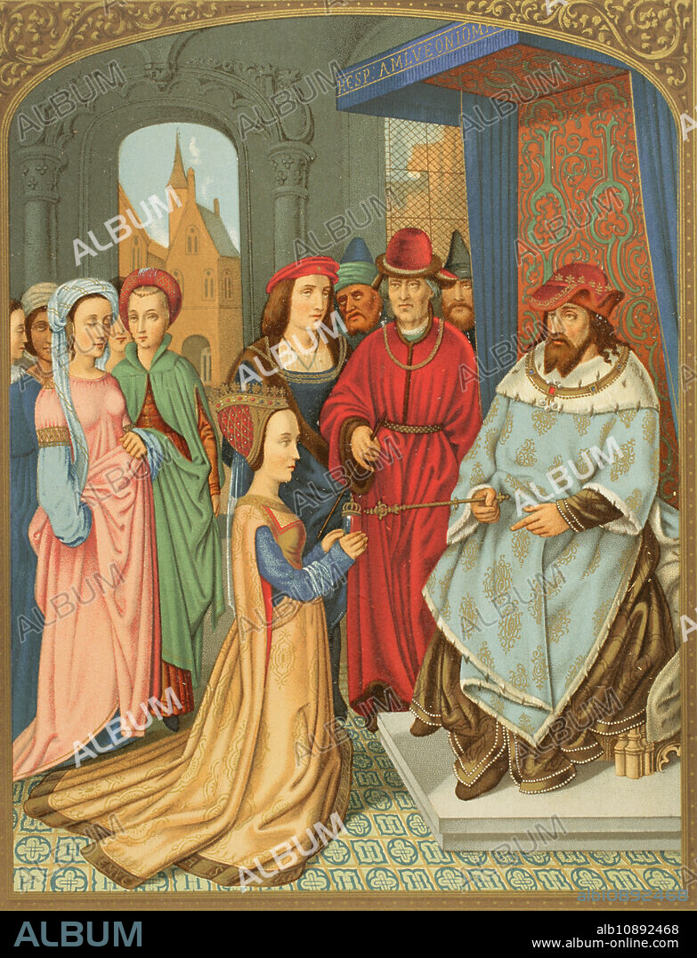 The Queen of Sheba before Solomon. Costume of 15th century. The king extends his scepter to the queen to symbolise that he welcomes the person and the gift offered to him. Five ladies accompany the queen. Six courtiers of Solomon stand to the right of the throne. Chromolithography after a miniature from the Breviary of the cardinal Grimani, attributed to Memling, 1520. "Moeurs, usages et costumes au moyen-âge et à l'époque de la Renaissance", by Paul Lacroix. Paris, 1878.