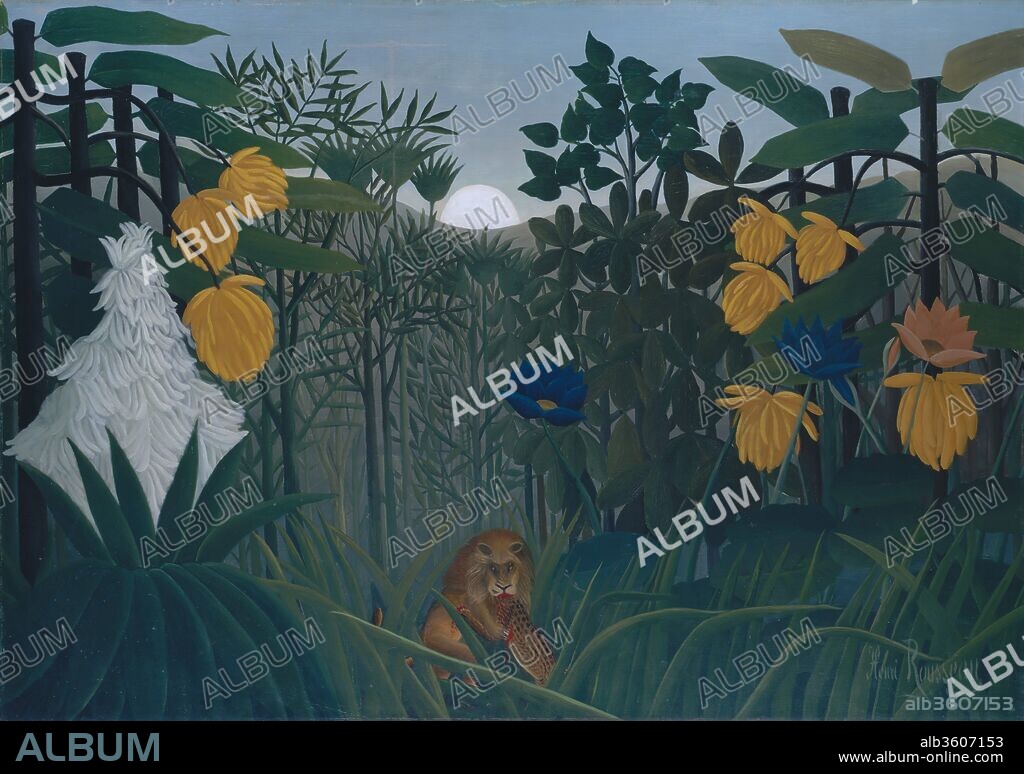 The Repast of the Lion. Artist: Henri Rousseau (le Douanier) (French, Laval 1844-1910 Paris). Dimensions: 44 3/4 x 63 in. (113.7 x 160 cm). Date: ca. 1907.
This work was probably shown in the Salon d'Automne of 1907, but it treats a theme that Rousseau first explored in <i>Surprised!</i> of 1891 (National Gallery, London). He based the exotic vegetation of his many jungle pictures on studies that he made in Paris's botanical gardens, and adapted the wild beasts from popular ethnographic journals and illustrated children's books. Rousseau's nickname, "le Douanier," derives from his job as a customs official.