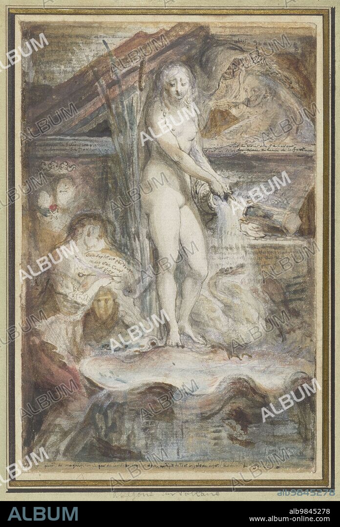 GABRIEL DE SAINT-AUBIN. Allegory of the death of Voltaire, 1778-1780. A nymph on a scallop shell pours water over a swan, symbolizing poetic inspiration. In the background, the poet Voltaire is crowned by death.