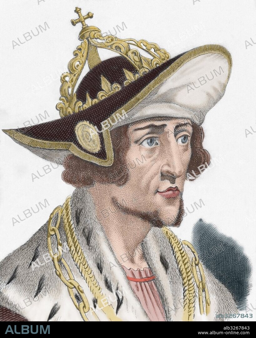 ADOLFO DE NASSAU (1255-Göllheim,1298). Rey de Alemania desde 1292 hasta 1298. Conde de Nassau en Wiesbaden, Idstein y Weilburg. Coronado Rey de Romanos en Aquisgrán, el 2 de junio de 1292. Le derrotaron y dieron muerte en la batalla de Göllheim (1298). Grabado por Manceau, año 1838. Coloreado.