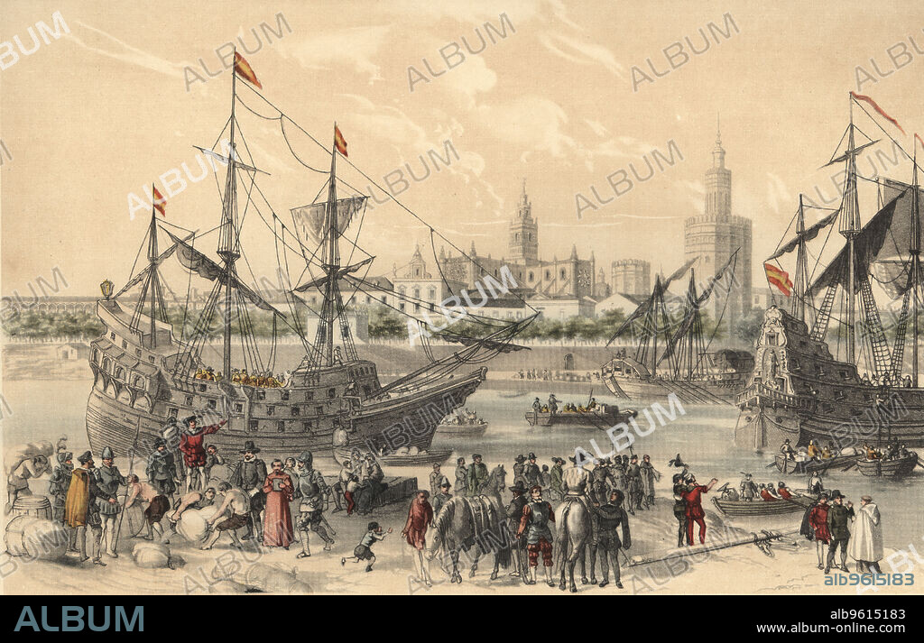 Francisco Pizarro preparing their ships in Sevilla, to go on an expedition to Peru.