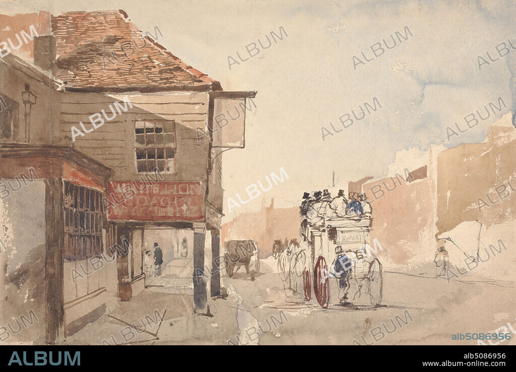 The 'Royal' Coach Outside the White Lion Inn, William Evans of Bristol, 18091858, British, ca. 1845, Watercolor, with pen, in brown ink, and graphite on moderately thick, moderately textured, beige, wove paper, Mount: 13 1/16 × 17 3/8 inches (33.2 × 44.1 cm), Contemporary drawn border: 9 9/16 × 14 1/8 inches (24.3 × 35.9 cm), and Sheet: 9 1/8 × 13 9/16 inches (23.2 × 34.4 cm), buildings, coach (carriage), genre subject, horses (animals), inn, people, street.