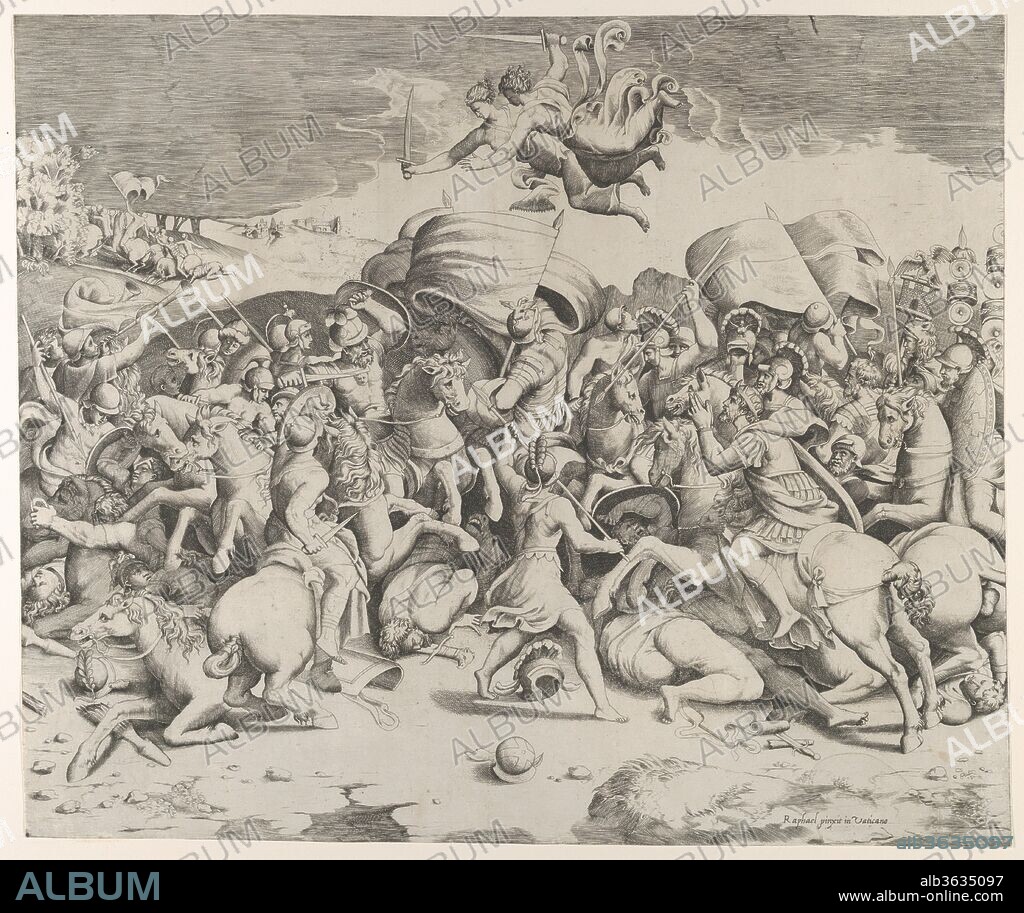 Constantine defeating the tyrant Maxentius, angels carrying swords fly above. Artist: After Raphael (Raffaello Sanzio or Santi) (Italian, Urbino 1483-1520 Rome); Giulio Bonasone (Italian, active Rome and Bologna, 1531-after 1576); After Giulio Romano (Italian, Rome 1499?-1546 Mantua). Dimensions: Sheet: 14 11/16 × 17 1/2 in. (37.3 × 44.5 cm). Date: 1544.
Inspired in part by Marcantonio's engraving and by the Roman sarcophagus (now in the Villa Medici, Rome) that was one of Raphael's sources for the design, Bonasone shows far less interest in sculptural form. His more lyrical version of the subject is composed of softly modeled figures and flowing surface patterns, such as the curvilinear lines that form the water.