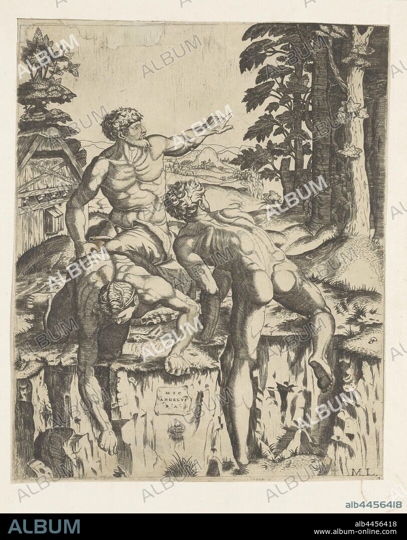 Three naked men in landscape Climbers, Three naked men who just climbed a slope. One of the three tries to help a fourth figure who is still climbing (hand visible below). In the background a landscape with a shed, male sex, man, the (nude) human figure, 'Corpo humano' (Ripa), Michele Greco (mentioned on object), Italy, 1534 - 1609, paper, etching, h 280 mm × w 225 mm.