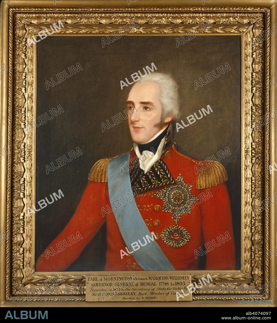 ROBERT HOME. Richard Colley Wellesley. c.1803. Richard Colley, Earl of Mornington, afterwards Marquess Wellesley, Governor General of Bengal (1798-1805). Wearing a military uniform with the blue ribbon and Star of the Order of St Patrick. Oil on canvas.  Originally published/produced in c.1803. . Source: Foster 2,.