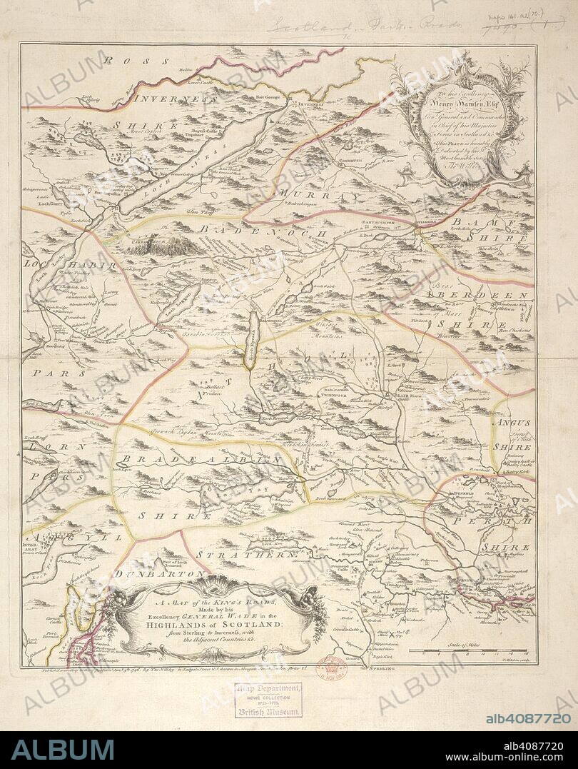 A Map of the King's Roads in the Highlands of Scotland: from Stirling to Inverness. A Map of the King's Roads, made by his Excellency General Wade in the Highlands of Scotland: from Stirling to Inverness, with the adjacent countries &c. T. Kitchin sculp. To his Excellency Henry Hawley, Esqr. ... Dedicated by ... Thos. Willdey. [Scale, 1 inch = 5 miles]. London : Tho. Willdey: S. Austen, Jany. 4th, 1746. Source: Maps 141.a.1 (70.). Language: English.