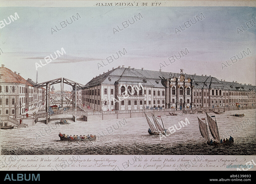 ANTIGUO PALACIO INVIERNO DE LOS ZARES, RIO NEVA Y CANAL DE SAN PETERSBURGO - GRABADO SIGLO XVIII.